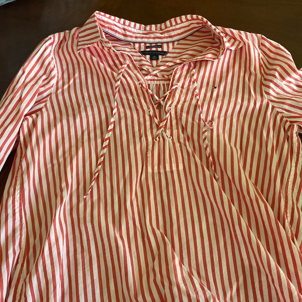 Tommy Hilfiger women size L red and white striped top, fits loosely